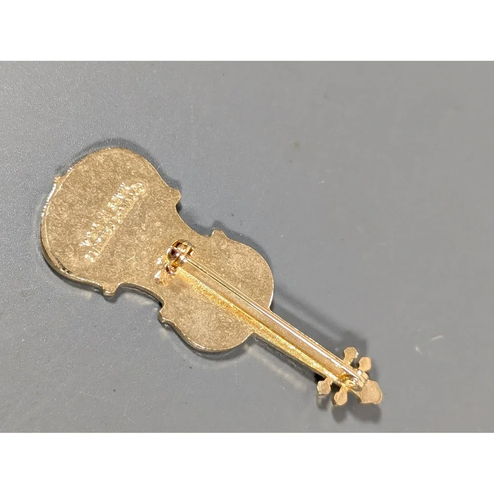 Vintage Brown Enamel Cello Double Bass Brooch Pin Made in USA Music‎